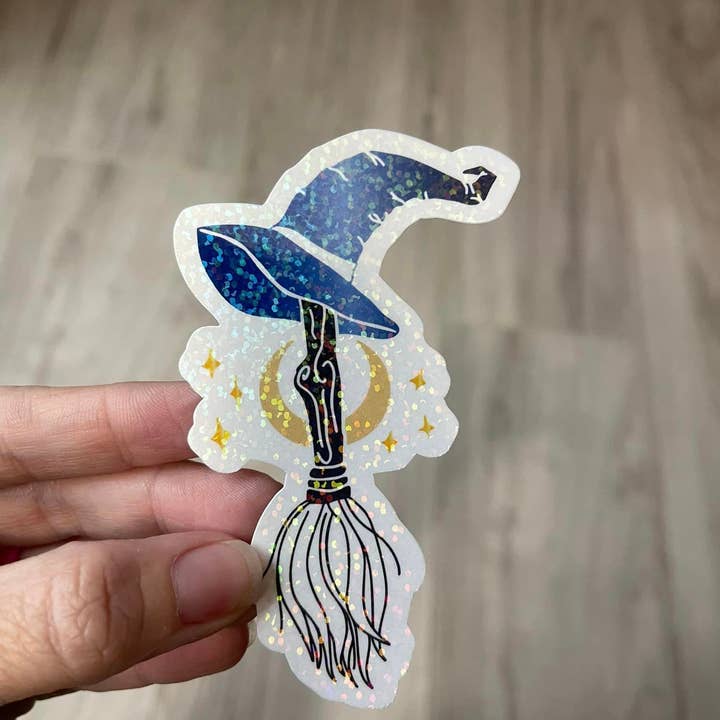 Witch Moon Broom Die Cut Vinyl Sticker for wholesale by Prairie Chicken Sticker Shop & Gifts
