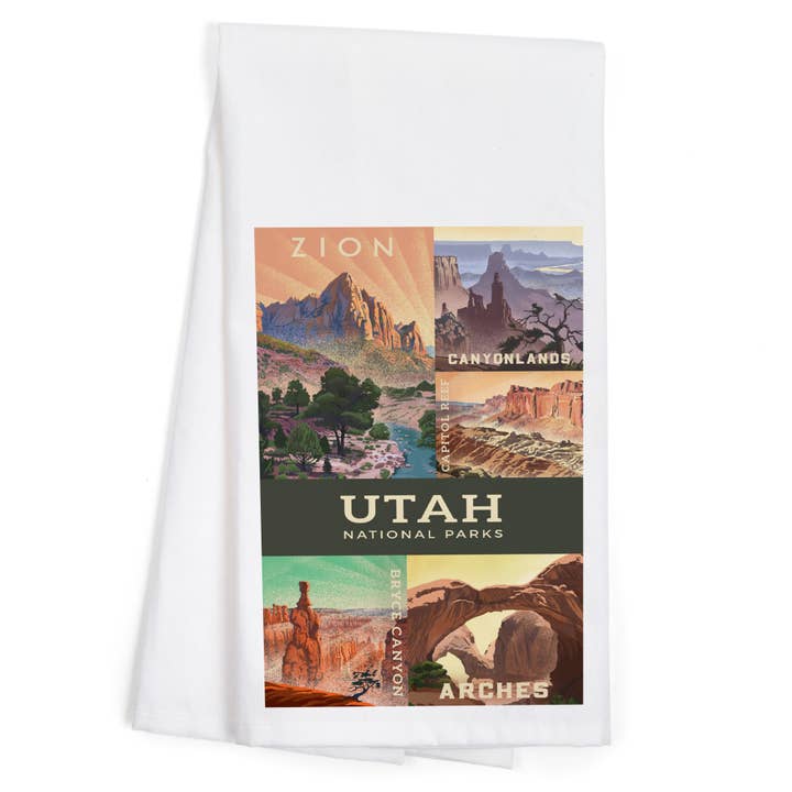 ORGANIC TEA TOWEL Utah's National Parks Collage, Lithograph for wholesale by Lantern Press