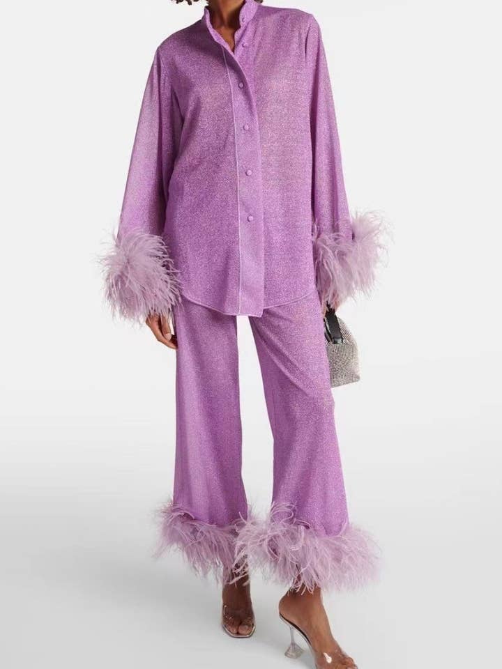 safistyle - Wholesale Top & Pant Set (NOT Loungewear) - Women's - Feather Collar Top with Casual Pants Set6