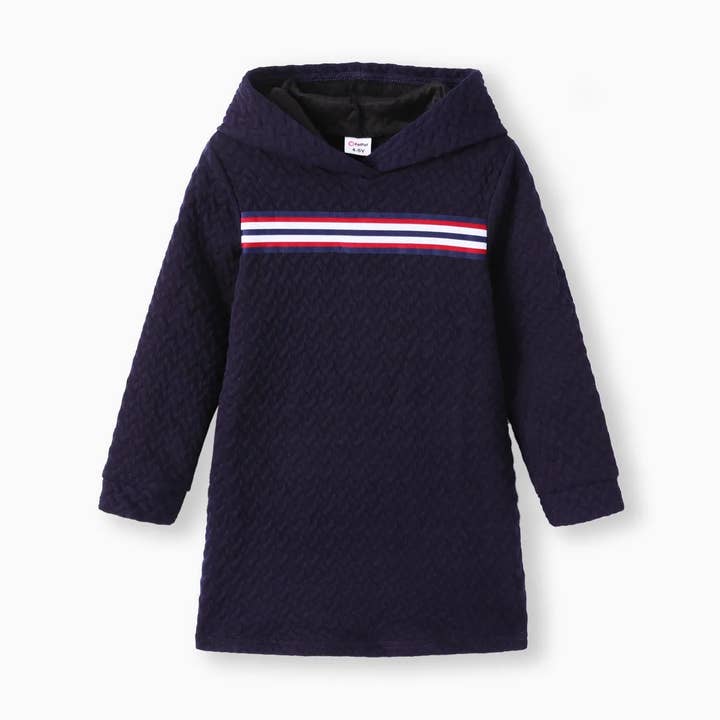 Kid Girl Striped Textured Long-sleeve Hooded Dress for wholesale by PatPat