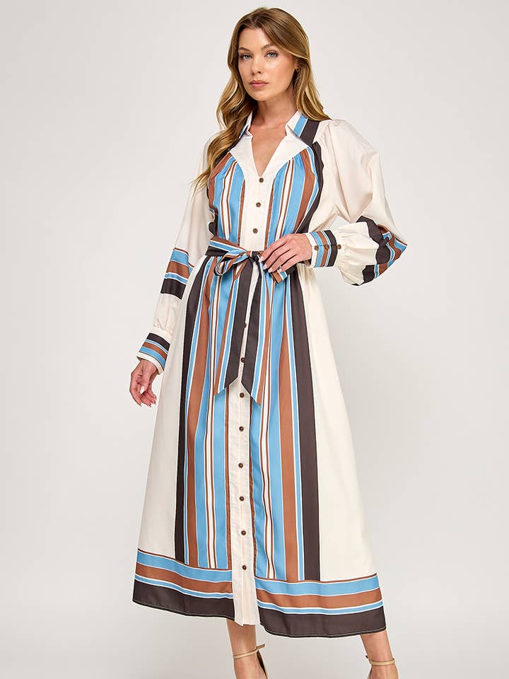 Belted Striped Button Down Maxi Shirt Dress for wholesale by Genzy Clothing