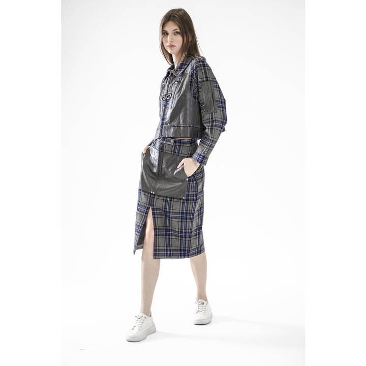 Plaid and Leather Patchwork Midi Skirt for wholesale by VUDECO