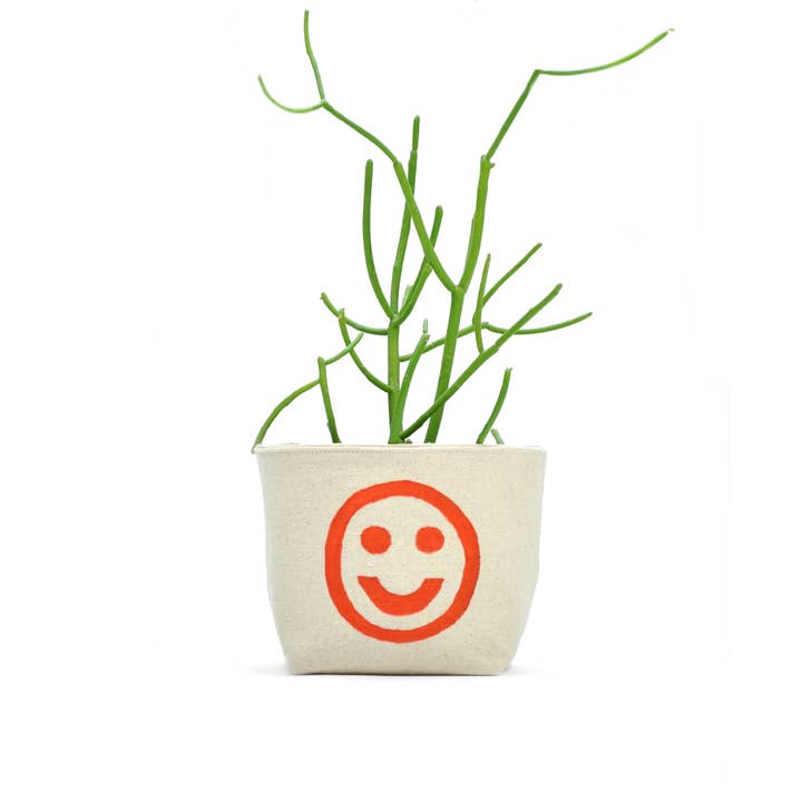 Gray Green Goods – wholesale Plant pot – Smiley Face Blockprint Canvas Planter—4"