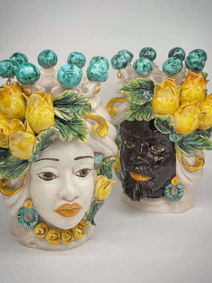 Moor's Heads Tulips Caltagirone Ceramic cm H.30 L.23 Artisan for wholesale by DD Ceramiche Siciliane