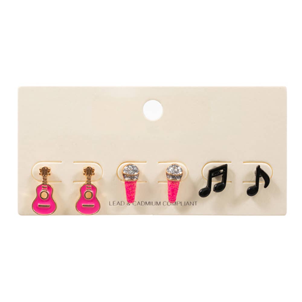 Sensibling Corp. - Wholesale Jewelry Set - 3PAIRS - Enamel Guitar Mic Music Note Stud Earring Set
5