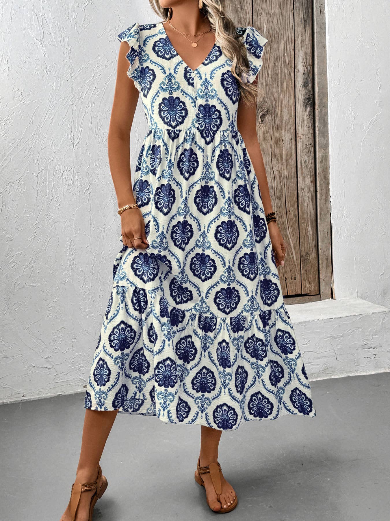 Blue Loose-Fit Deep V-Neck Floral Print Maxi Dress for wholesale on Faire4