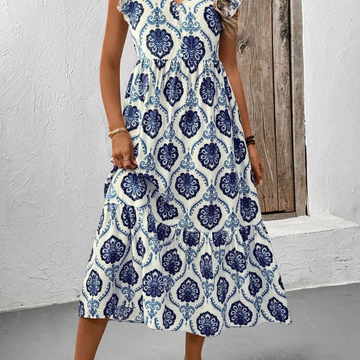 Blue Loose-Fit Deep V-Neck Floral Print Maxi Dress for wholesale on Faire4