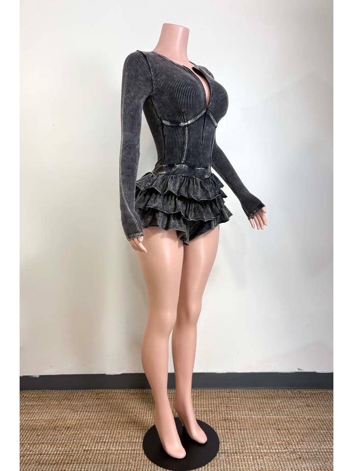 Dalia Studio - Wholesale Romper - Women's - MINERAL WASH ZIP UP TIERED BOTTOM ROMPER14