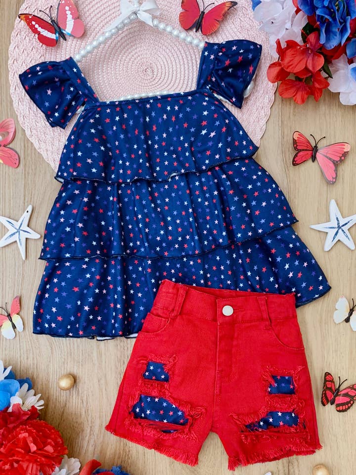 Navy Star Spangled Diva Patched Denim Short Set for wholesale on Faire2