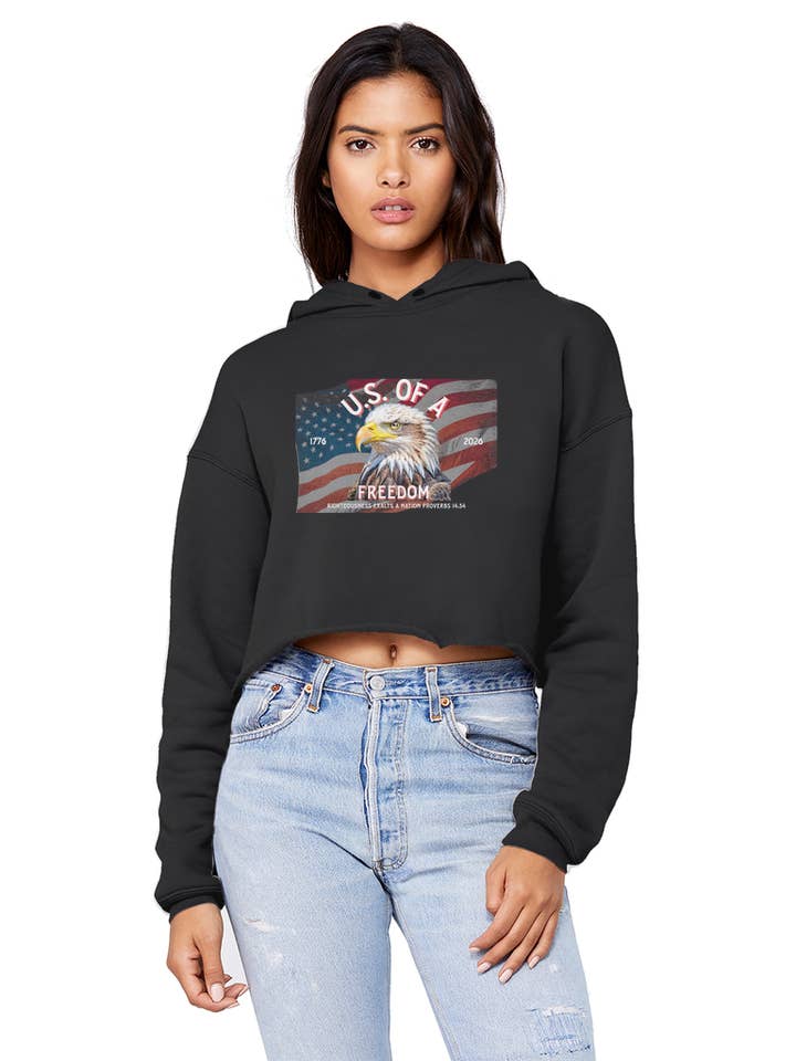 U.S. of A Freedom Cropped Raw Edge Boyfriend Hoodie - Eagle Flag Proverbs 14:34 for wholesale by Encore2wo