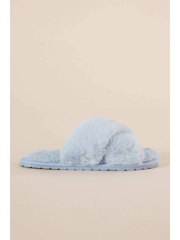 Cross Over Open Toe Plush Slipper - Milan Blue for wholesale on Faire2