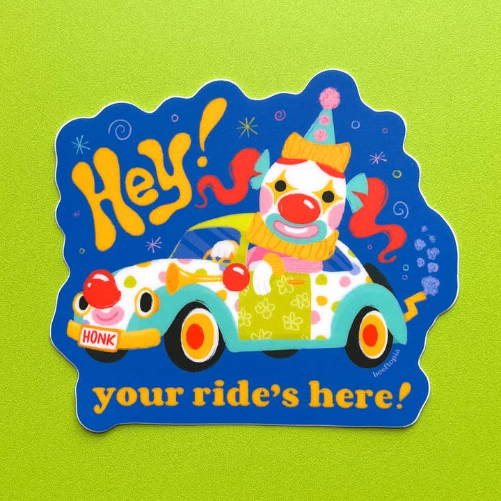 Beeftopia – wholesale Klistermärke – Hej! Din åktur är här! Clownbil Vattentät Klistermärke0