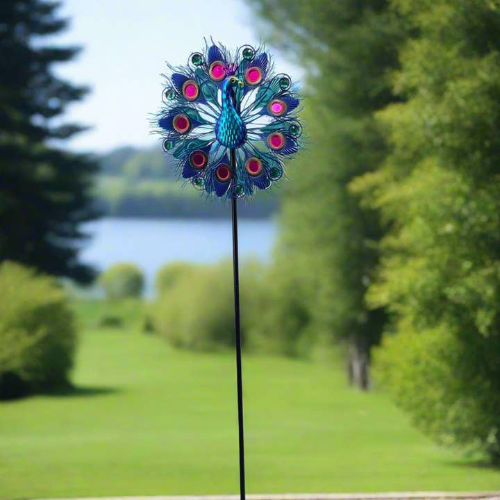 Marissa's Gifts – wholesale Wind spinner – Handmade Aurora peacock powder coated garden wind sculpture spinner measuring 150cm3