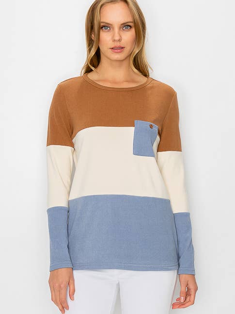 Haut en molleton côtelé à blocs de couleurs doux EPM-TP1759 pour la vente par ePretty