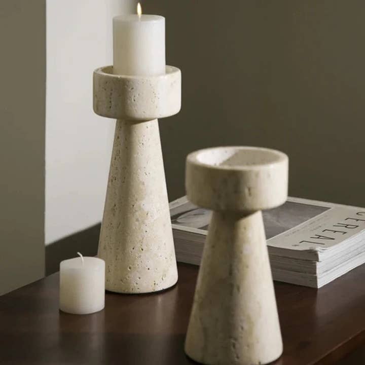 BRECK + FOX - Wholesale Candle Holder - Faux Travertine Stone Candle Holder