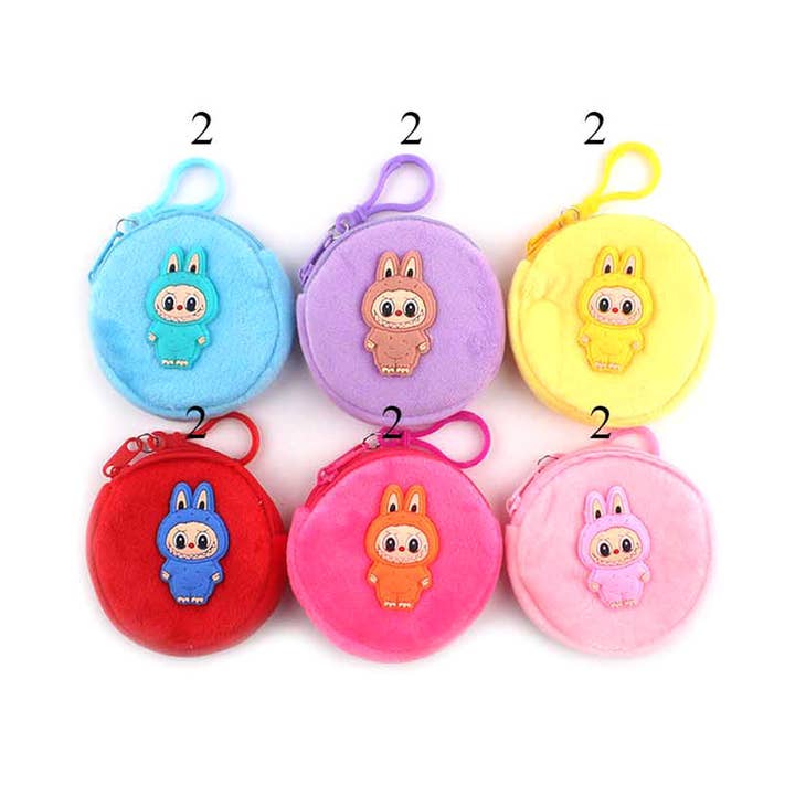Sensibling Corp. - Wholesale Coin Purse - Women's - 12PCS - Character Embroidered Fuzzy Round Coin Purses