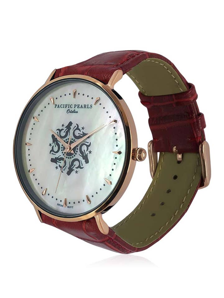 Ortelius White Pearl Dial 18K Rose Gold Swiss Watch on Crocodile Leather for wholesale by Avani Jewelry