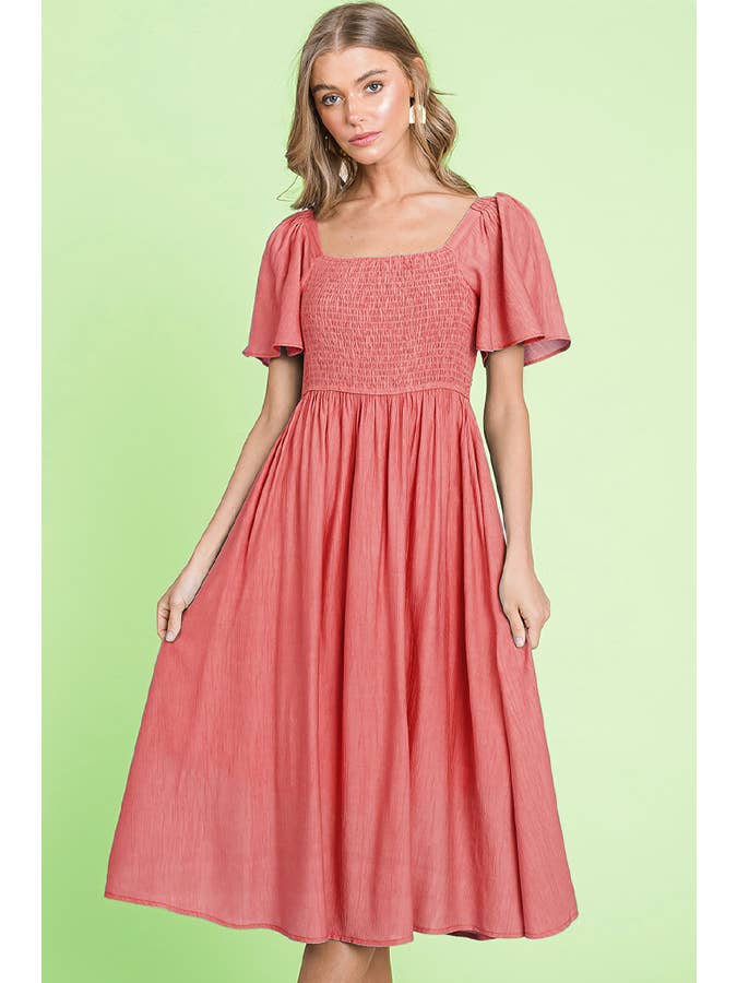 LIME N CHILI - Wholesale Dress - Women's - Smocked Square Neck Flutter Sleeve Midi Dress