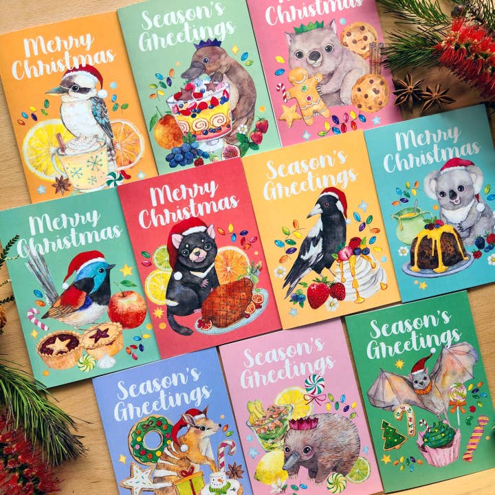 Watercolour By Cat – wholesale Christmas card – Tasmania - Australian animals and food Christmas card2