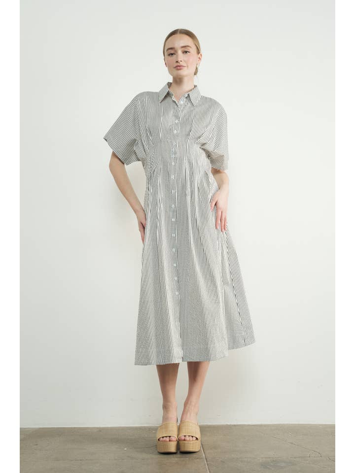 MAD3228 STRIPE BUTTON FRONT PLEATED MIDI SHIRTS DRESS for wholesale on Faire