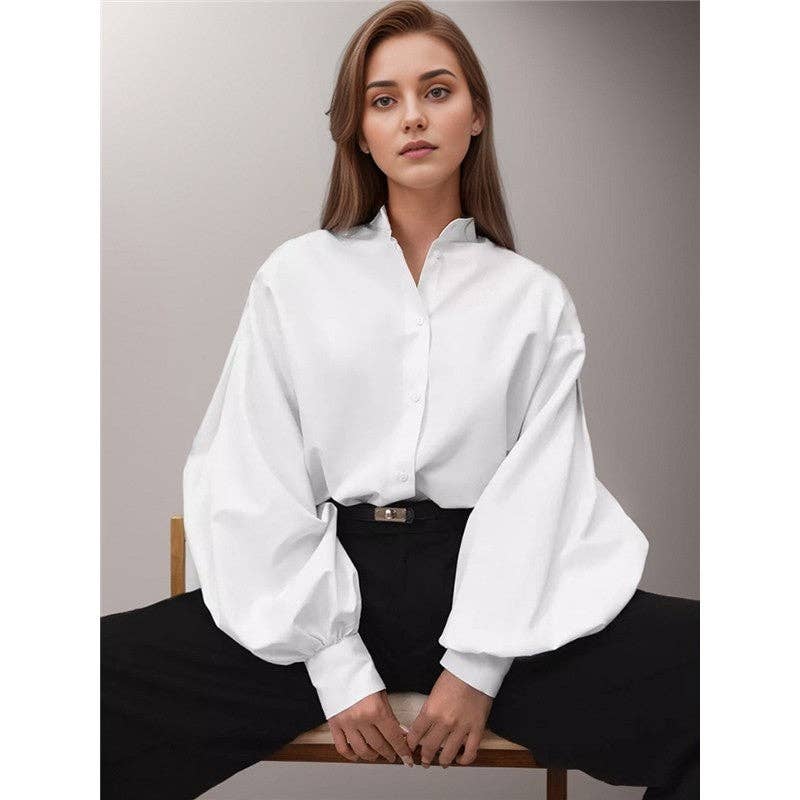 ShieldChic - Wholesale Button Down Shirt - Women's - Solid Color Lapel Single Breasted Lantern Sleeves Blouse5