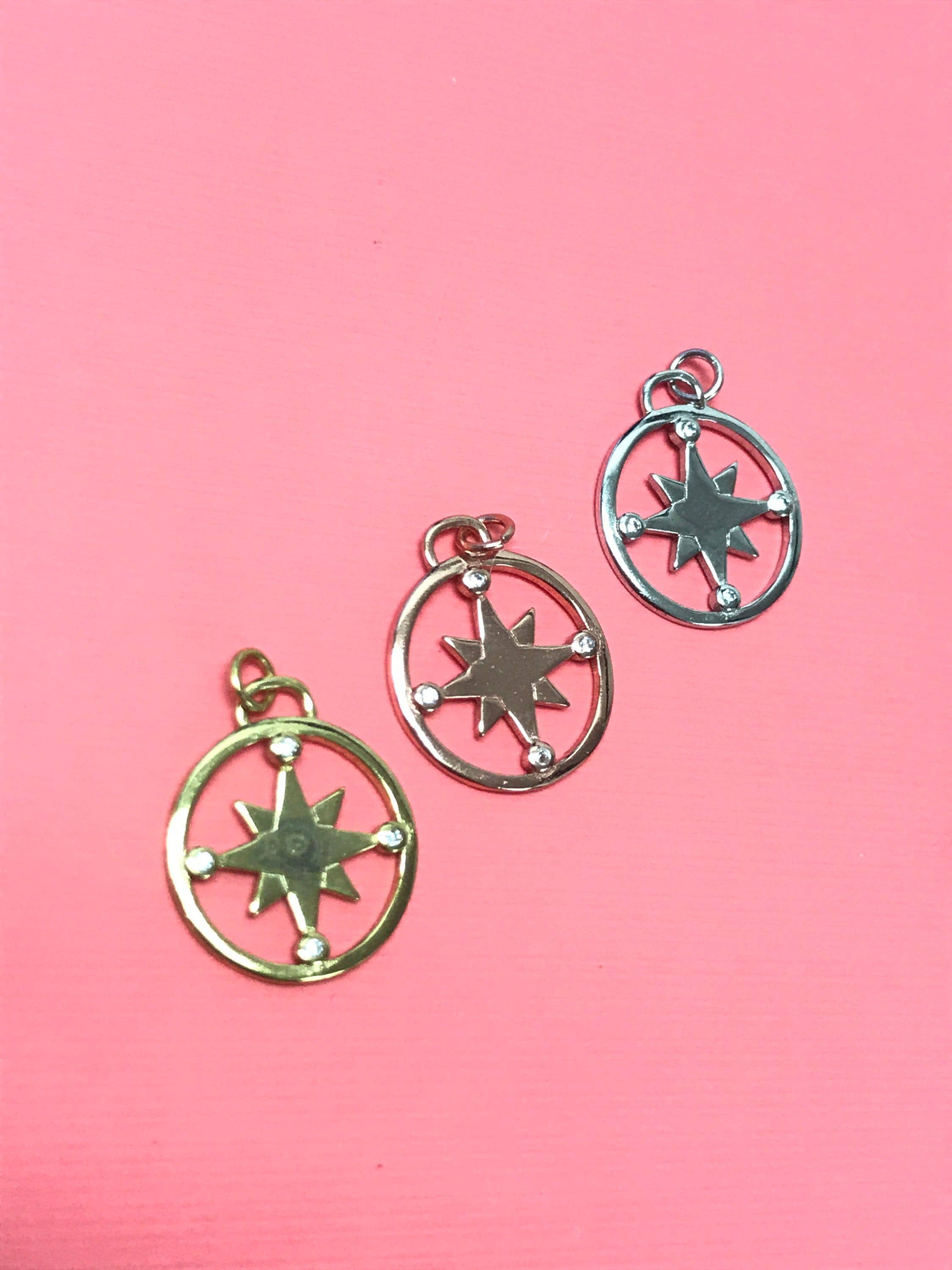 The Bead Bazaar - Wholesale Individual charm/pendant - Cute Gold Compass Charm, Simple Compass Charm CZ, Travel Charm For Necklace, Navigation Charm, Silver Compass Charm For Bracelet, Bulk Charms