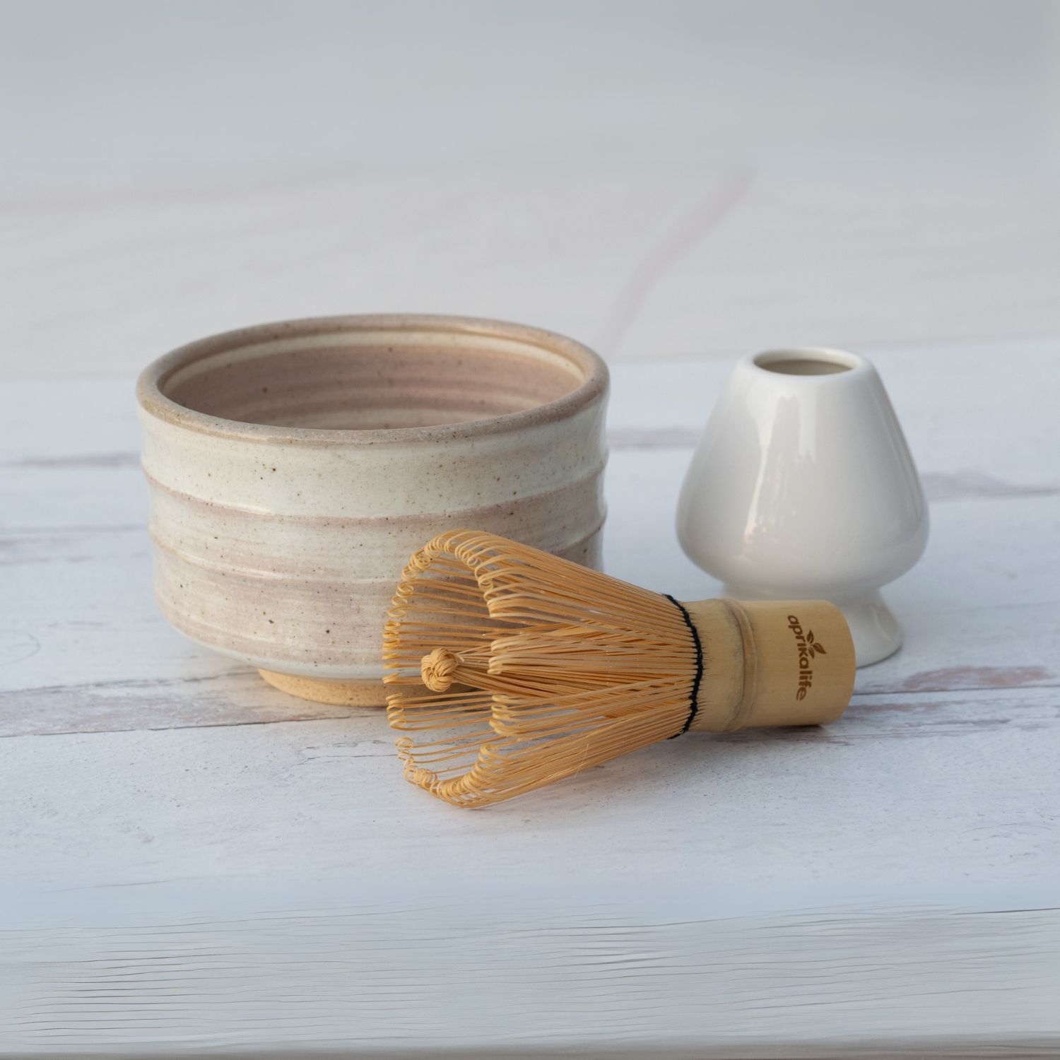 Aprikalife - Wholesale Tea Set - Beige Ceramic Matcha Bowl, Bamboo Matcha Whisk and Whisk Holder Set1