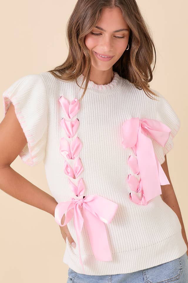 Main Strip - Wholesale Knit Sweater - Women's - Weaved Ribbon Bow Detail Sweater Knit Top