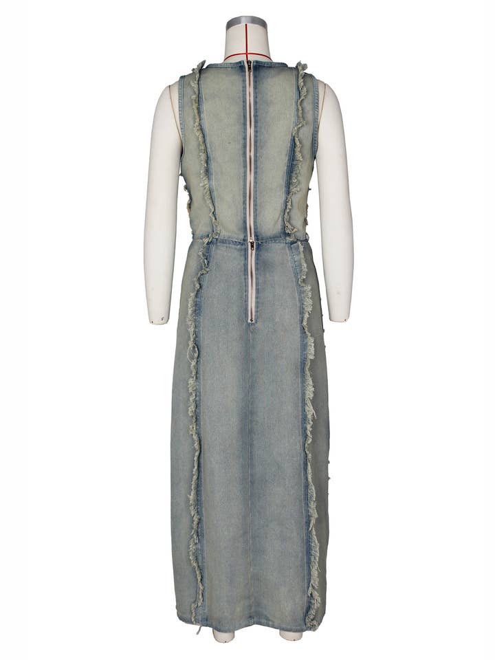 Blue Fashionable Denim Ripped Vest Slit Skirt Two-Piece Set for wholesale on Faire