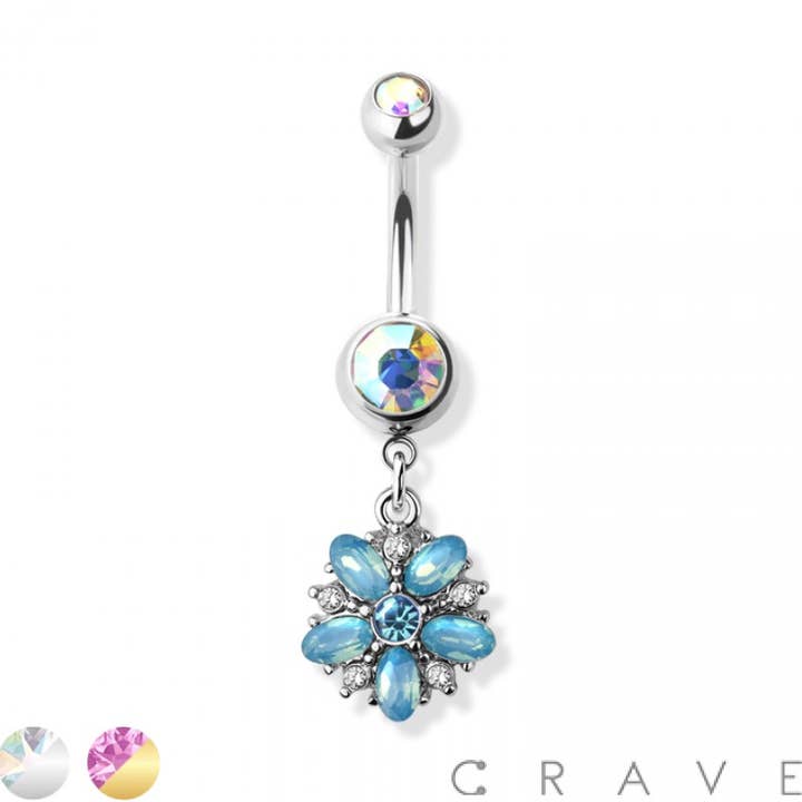 FLOWER OPAL CZ DANGLE 316L SURGICAL STEEL NAVEL RING for wholesale by CRAVE