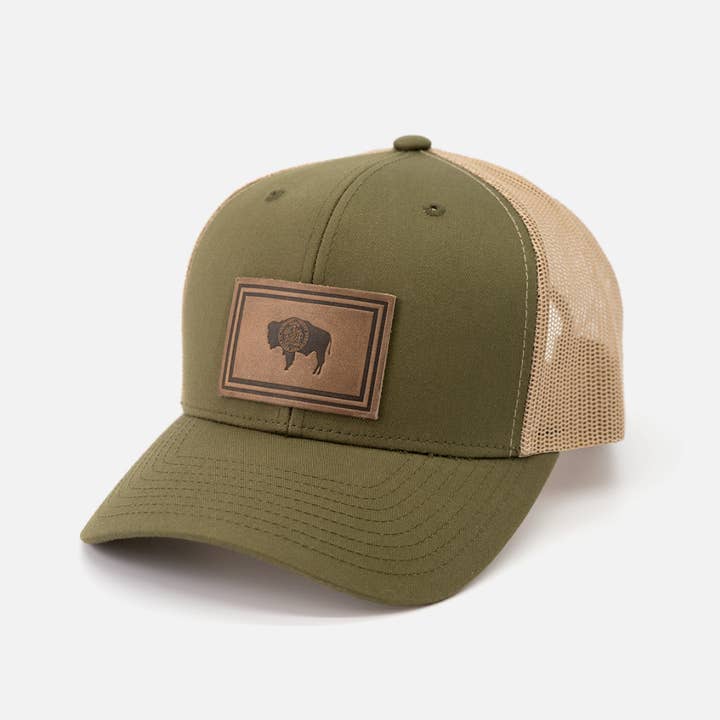 Range Leather Co. - Wholesale Trucker Hat - Unisex - Wyoming Flag Hat | Leather Patch Trucker Hat