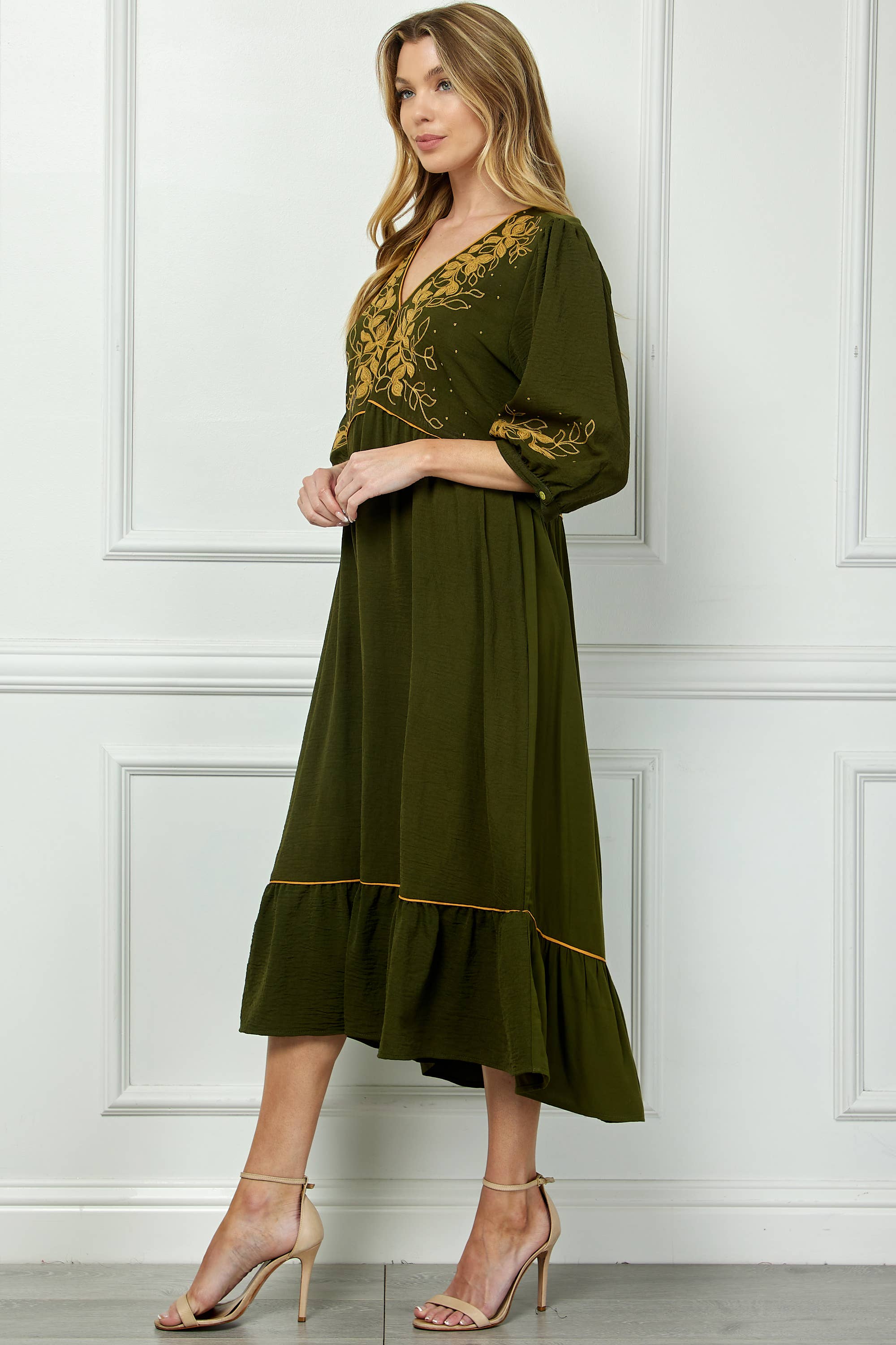 ARMY PIPED FRONT TIERED DRESS WITH EMBROIDERY for wholesale on Faire5