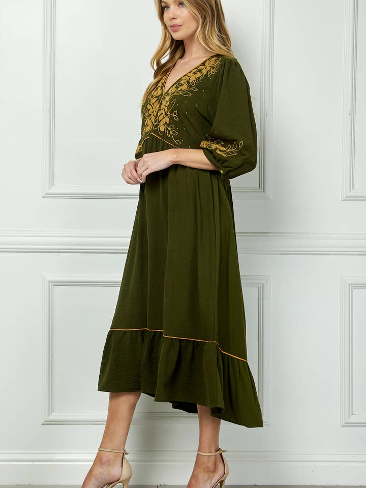 ARMY PIPED FRONT TIERED DRESS WITH EMBROIDERY for wholesale on Faire5