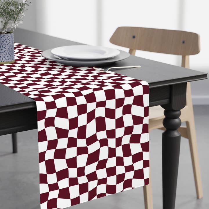 Maroon Checkerboard Paper Table Runner for wholesale by Hey Y'all Party