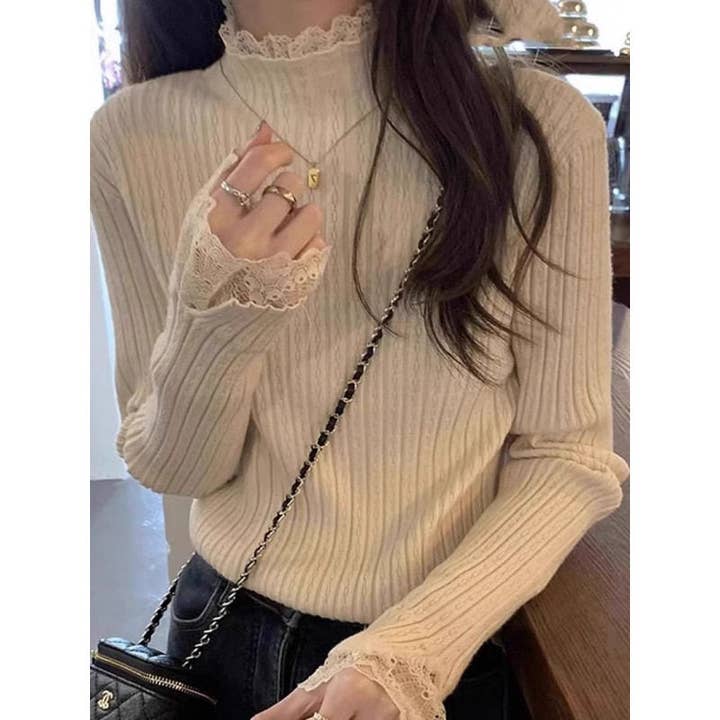 Damstickad tröja med spetskrage, hög hals och elastisk åtsittande passform. för wholesale av ShieldChic
