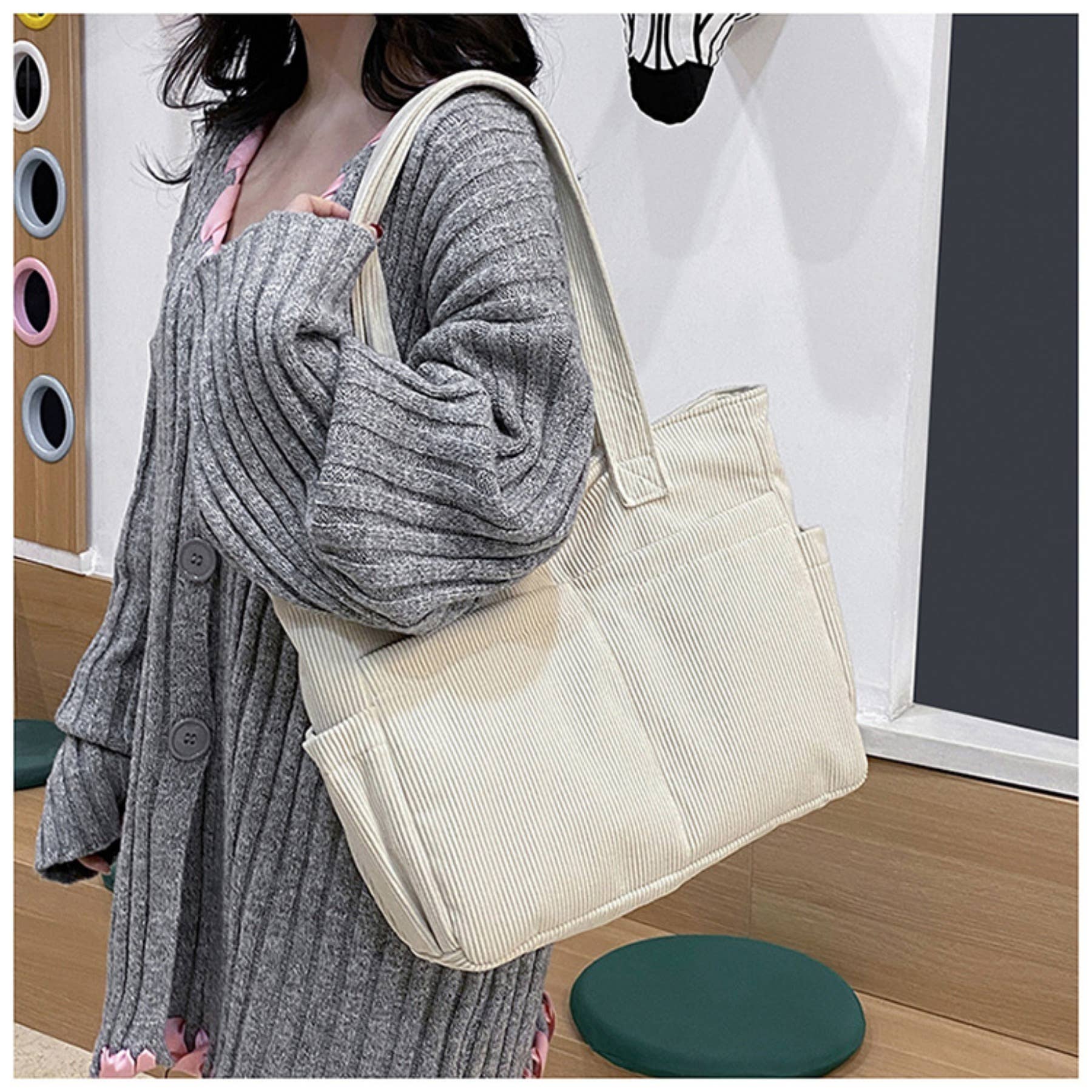 wandf - Wholesale Shoulder Bag - Women's - Casual Solid Color Corduroy Zippered Shoulder Bag Tote28
