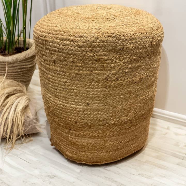 Beige Tall Jute Pouffe – Braided Natural Fibre Footstool for wholesale on Faire3