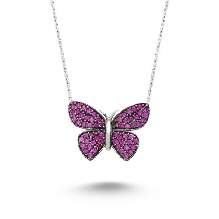 Pink Butterfly Silver Necklace With Pendant for wholesale by Amorium
