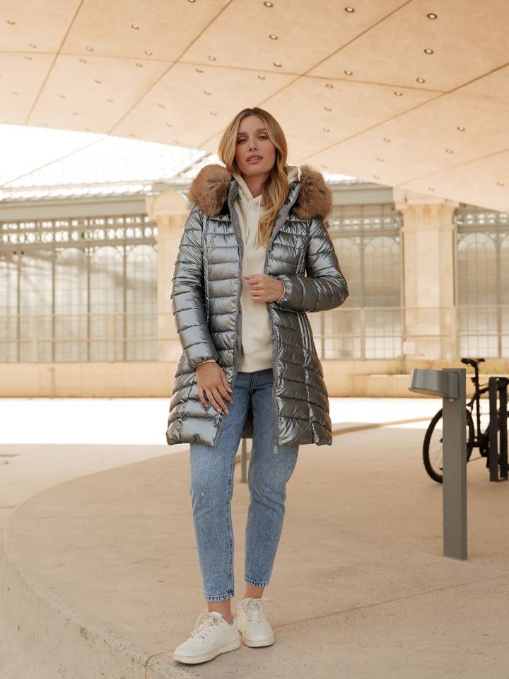 Metallic long puffer jacket with fur on hood for wholesale by Attrait Paris