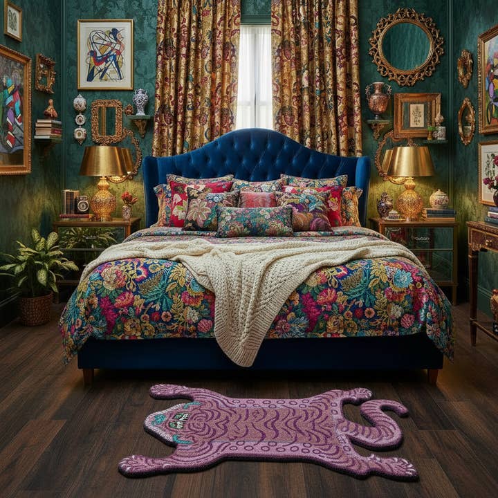 Maia Homes - Vente Tapis - Tapis en laine rose avec accent de tigre tibétain1