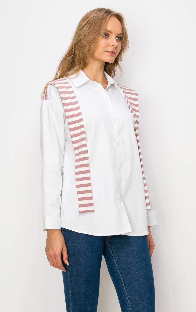 Joh Apparel - Wholesale Button Down Shirt - Women's - Willette Top with Stripe Front Ties0