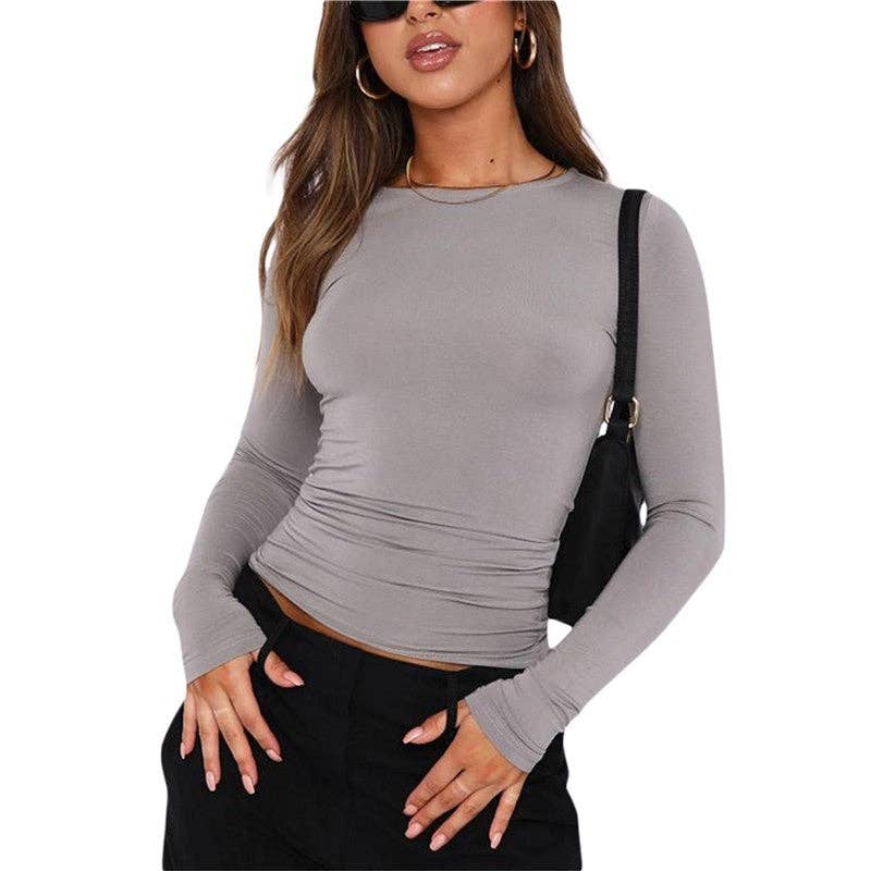 Sheer Trend - Wholesale T-Shirt - Women's - Solid Color Casual Long Sleeved Slim Fit T-Shirt8