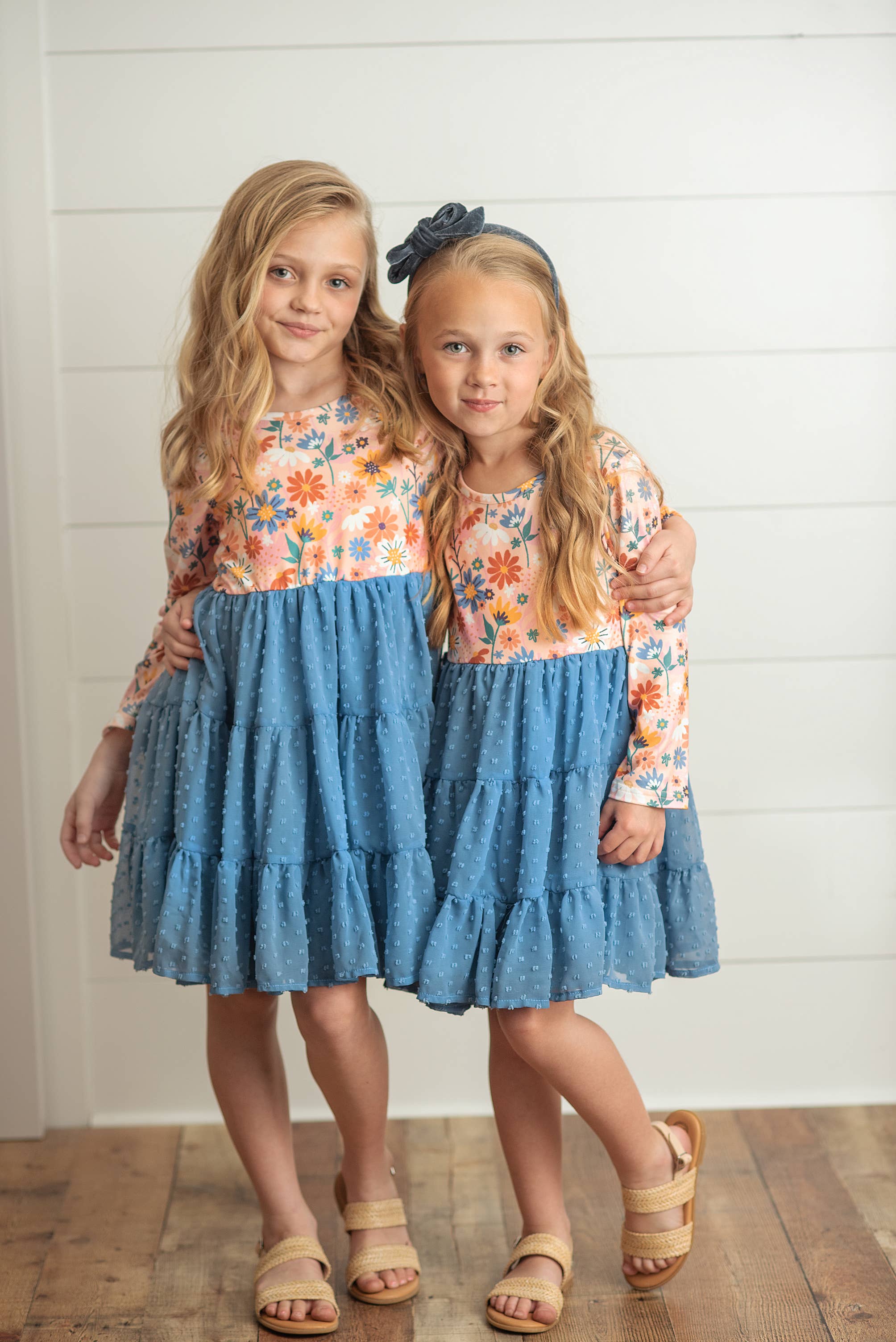 Adorable Sweetness - Wholesale Dress - Kids - Kids Dusty Blue Flower Print Swiss Dot Tulle Fall Dress