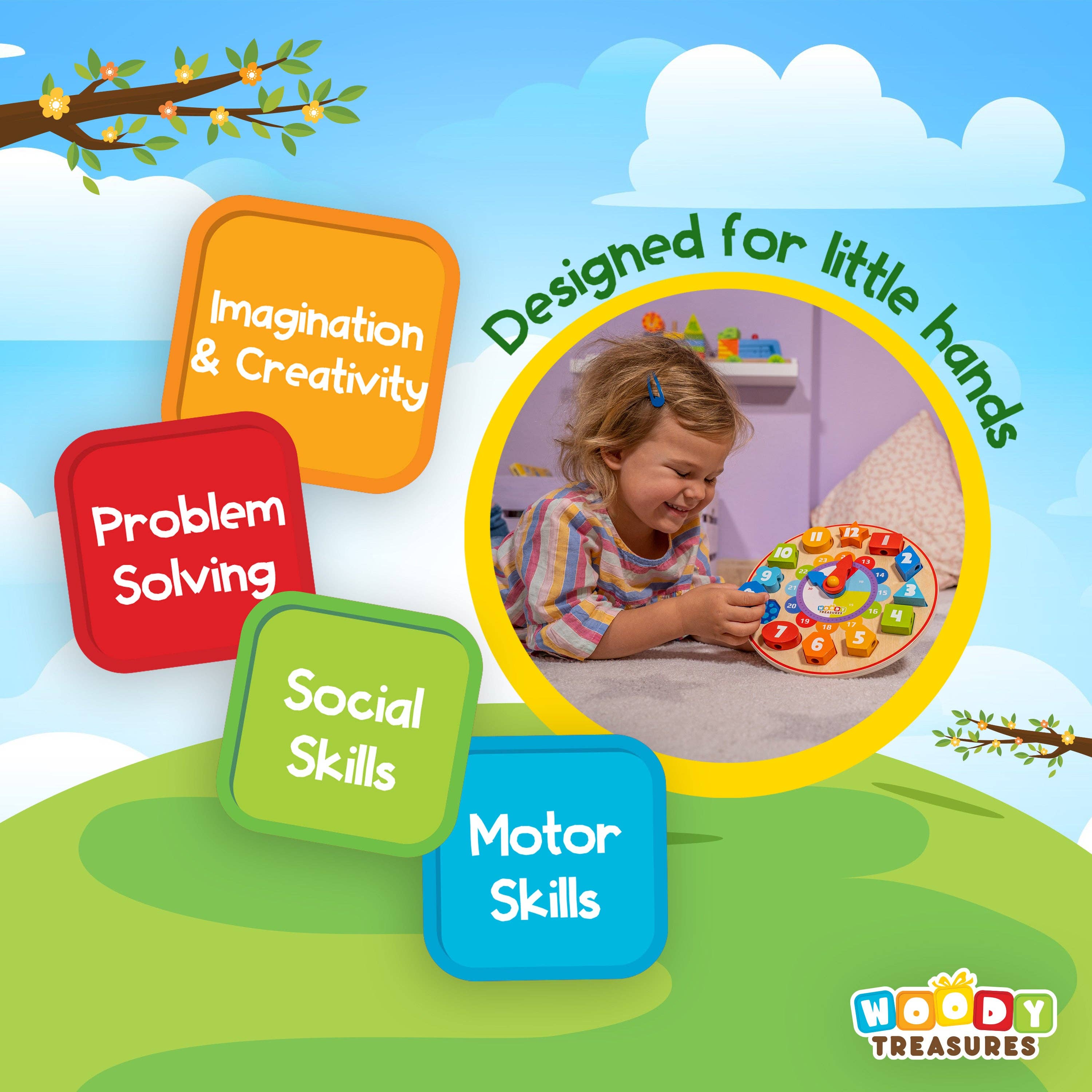 Woody Treasures - Wholesale Wood Toy - Kids - Sorting Toy Wooden Teaching Clock for Kids3