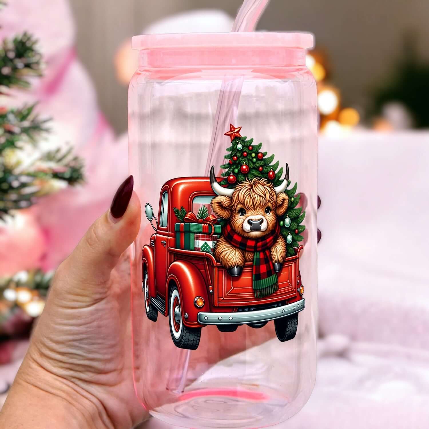 Sip-Sip Hooray! – wholesale Drinking glass/cup – Christmas Highland Cow Cup With Lid and Straw2
