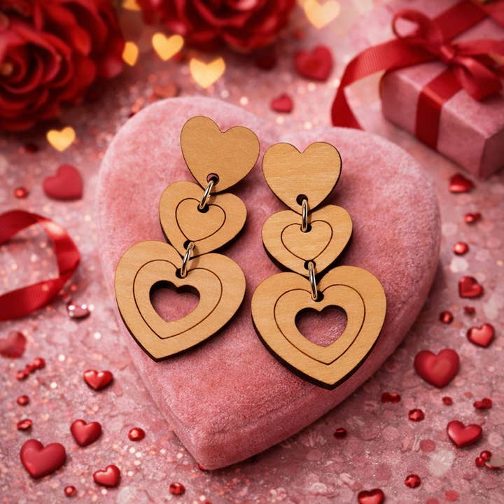 Handmade Wooden Heart Dangle Earrings – 2" Drop Statement Jewelry for wholesale by Bead And Beam
