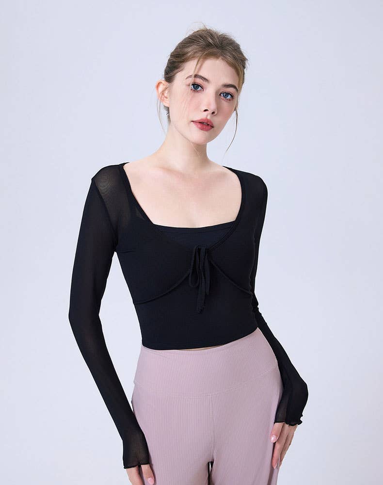 Crave by FW - Wholesale Athletic Top - Women's - Faux Two Piece Long Sleeve Mesh Crop Top Tie Yoga T-Shirts7