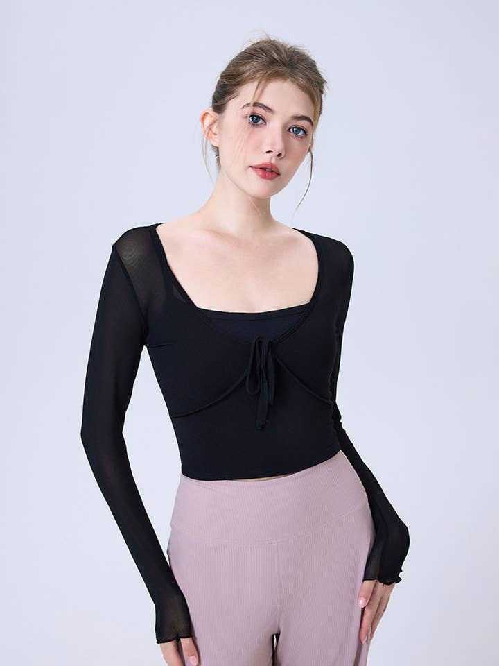 Crave by FW - Wholesale Athletic Top - Women's - Faux Two Piece Long Sleeve Mesh Crop Top Tie Yoga T-Shirts7