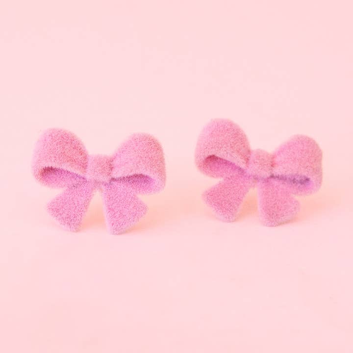 Flocked Bow Earring | Pink for wholesale by Sunshine Studios