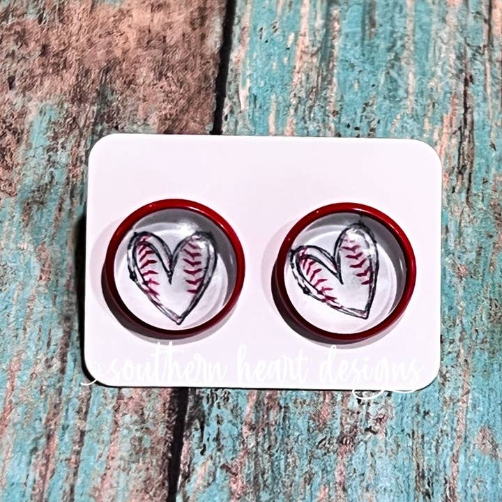 Baseball Heart Stud Earrings for wholesale by Southern Heart Designs